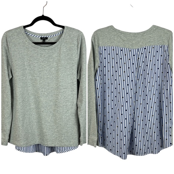 Talbots Cotton Mix Media Striped Polka Dot Long Sleeve Top Medium Grey Blue - Picture 1 of 13